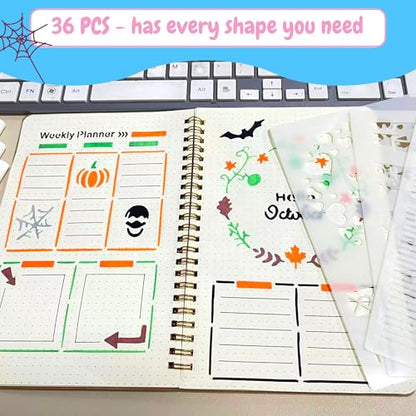 36 PCS Journal Stencils Kit, Reusable Planner Templates for Creative Journaling, Drawing and Organizing, Essential Journal Supplies and Accessories for DIY Planning