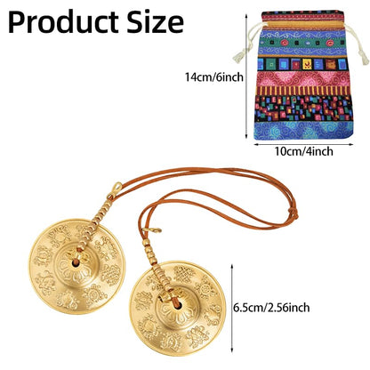 Tibetan Meditation Bell, Brass Tingsha Cymbals with Cloth Bag - size: Eight Symbols with Beads