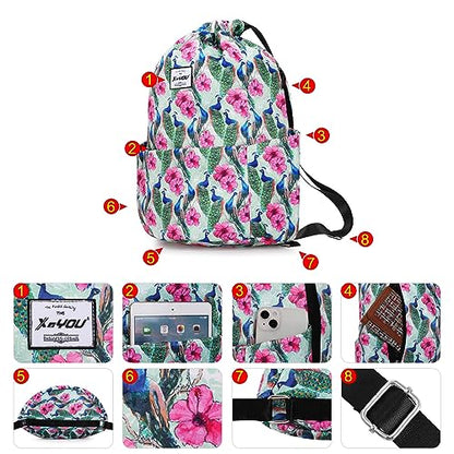 XEYOU Drawstring Backpack Bag Sport Gym Sackpack Beach Cinch Bag | Lightweight Swimming Bag, Water-Resistant Fabric, Travel Daypack for Women and Men - color: Peacock Pattern