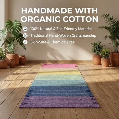 Indian Handmade100 % Organic Anti Skid Multi Colour Cotton Yoga Mat - Eco-Friendly Hand-Woven Rug - Non-Slip & Thick (24”x72”x5mm) for Hot yoga & Everyday Fitness at Home - Comfortable & Foldable Extra-Long Mat - color: Multi 10
