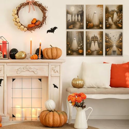 KBKBART 6pcs Halloween Poster Cute Ghost Country Landscape Prints 8x10 inch | Canvas Wall Art Print Pictures Unframed, Ghosts Fall Landscape Paintings, for Bedroom Living Room Dorm, Halloween Posters - color: Halloween Ghost