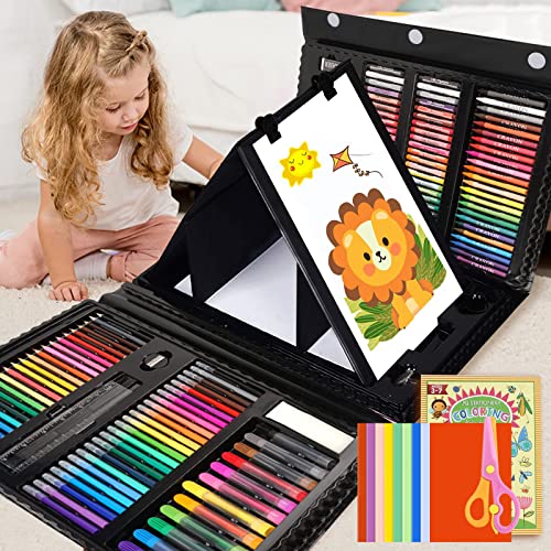 Art Supplies Kit for Kids Ages 5-12, 208-Pack Gifts Art Case Coloring Set, Drawing Kits with Trifold Easel, Arts Set for Girls Boys, Crayons, Markers, Coloring Book, Scissors, Sticker, Origami Paper - color: Black