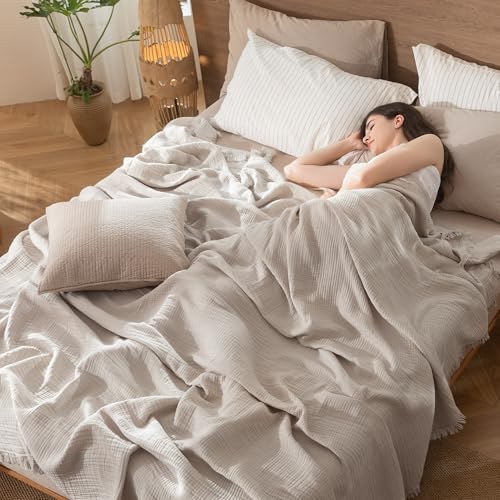 MooMee 100% Cotton Muslin Blanket, Fringed 4-Layer Gauze Bed Throw Blankets - color: Cream Grey, size: Super King