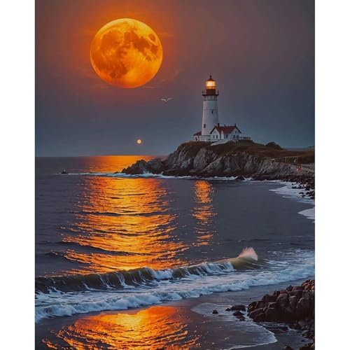 Fountor Moon Paint by Numbers Kit for Adults Beginner, Lighthouse Adult Paint by Number Kits on Canvas Without Frame, Acrylic Painting by Numbers for Home Decor Gift 16” W x 20”L - color: LOP0305, size: Frameless