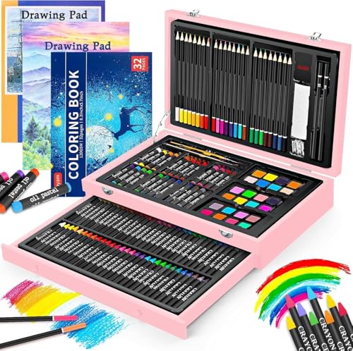 iBayam Pink Art Supplies, Gifts Kids Teen Girls Trendy Stuff 6-16 Year Old | 150-Pack Art Set Kits with 2 Sketch Pads, Coloring Book, Christmas Stocking Stuffers for Teens Girls, Cute Cool Fun Crafts - color: Pink