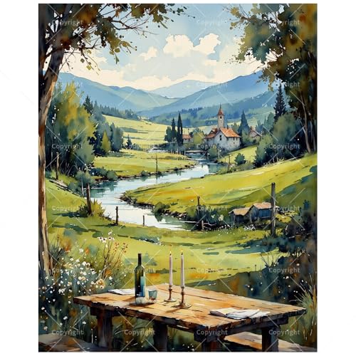 TAOPAOLAB Countryside Landscape Paint by Numbers Kit for Adults - DIY River Valley and Church View Painting on Canvas 16x20In, Framed Acrylic Paint Set for Beginners, Art for Home Decoration or Gifts - color: FM06623, size: 16×20in Framed