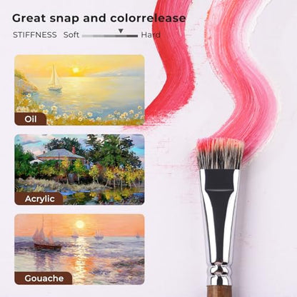 Fuumuui Professional Paint Brush Set, 4Pcs Natural Badger Hair with Flat Shape Blending Mop Oil Paint Brushes for Acrylic Painting Oil and Gouache - style: Flat
