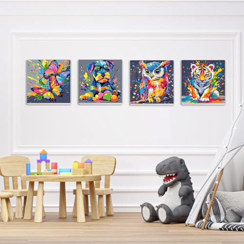 QENSPE 4 Pack Paint by Numbers with Wooden Frame, Color Animals Paint by Number for Beginners, DIY Acrylic Oil Paints Arts on Canvas, Home Wall Decor Gift 8X8 inch - color: Butterfly+Puppy+Owl+Tiger