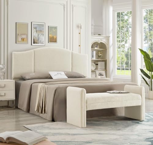 24KF Modern Upholstered Bed Bench Covered with Soft Boucle Teddy Fabric, Lovely Entryway Bench Ottoman with Armrest,5062-Cream - color: Cream Teddy Bench