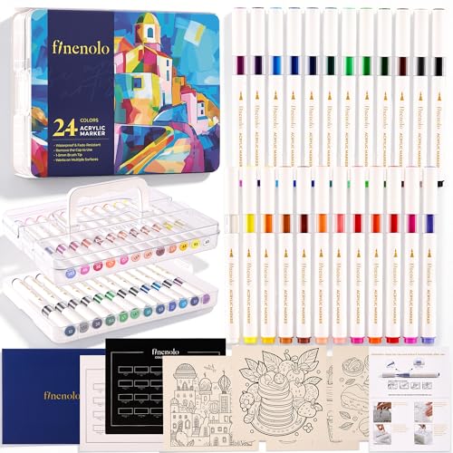 finenolo 24 Colors Brush Tip Acrylic Paint Markers, Water-Based Paint Pens | Waterproof, non-toxic, fast-drying acrylic markers, for rock painting, wood, glass, ceramic, fabric, metal, diy crafts - color: 24 Colors