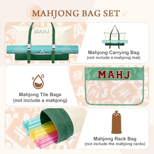 Mahjong Bag Storage Carrying Case for Tiles with Shoulder Strap (Green) | 3-Bag System, External Mat Strap, Large Capacity, Lightweight Canvas, Reinforced Stitching, Fast Packing. - color: Green