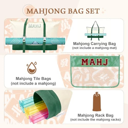 Mahjong Bag Storage Carrying Case for Tiles with Shoulder Strap (Green) | 3-Bag System, External Mat Strap, Large Capacity, Lightweight Canvas, Reinforced Stitching, Fast Packing. - color: Green