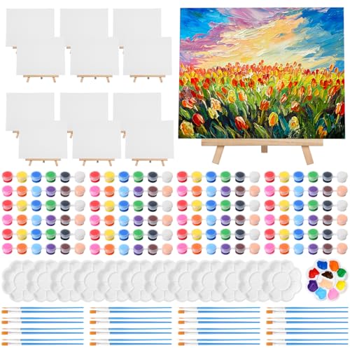 Qilery 12 Set Canvas Painting Kit, Mini Canvas with Wooden Easels Acrylic Paints Strips, Brushes, Palette, Art Set for Acrylic Oil Watercolor Adults Birthday Party Favors(8 x 10 Inch) - size: 8 x 10 Inch