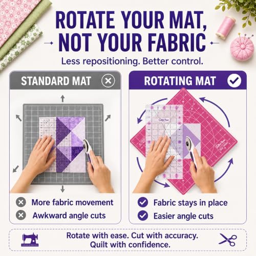 The Quilted Bear 12" x 12" Rotating Self-Healing Cutting Mat, Pink | Square Mat, 360° Rotation, Locking Mechanism, 5-Layer Surface, Non-Slip Base, Clear Inch Grid & Angle Guides for Quilting - color: Pink, size: 12"L x 12"W
