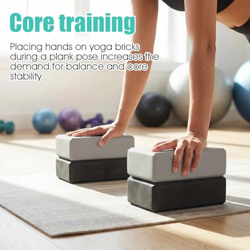 4 Pack Yoga Blocks, High Density EVA Foam Blocks for Strength, Flexibility and Balance, Non-Slip Surface for Yoga, Pilates, Meditation (8.9x6.7x3 Inches, 2 Black + 2 Gray)