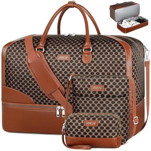 ITIEZY Weekender Bag for Women 21.5" Travel Duffel Large Carry On Bag 3PCS | Nylon Duffel Bag with Waterproof Shoe Compartment, Crossbody Bag and Toiletry Bag, Travel Weekend Hospital Overnight Gym Bag - color: 9-dark Brown