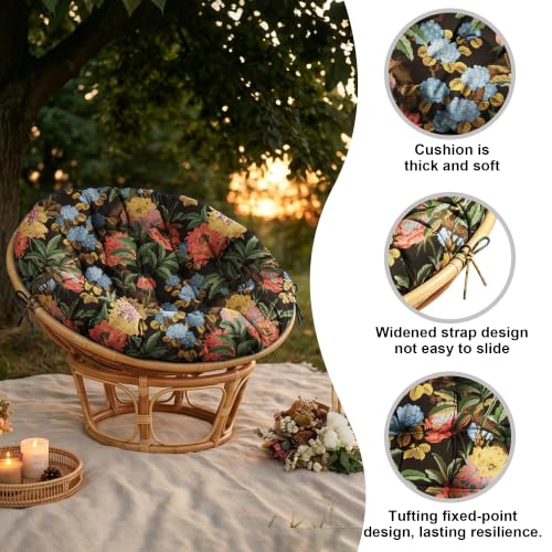 47" Round Tufted Floor Cushion, Thick Meditation Papasan with Ties - color: Red Flower