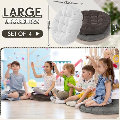 Jerify Graded Grey 4 Pcs Large Floor Pillow Cushion,Round 22 x 22 | Round Square Flexible Seating Floor Meditation Pillow for Classroom Adult Picnic Party Learning Daycare School Reading Corner - color: Graded Gray, size: Round 22 x 22