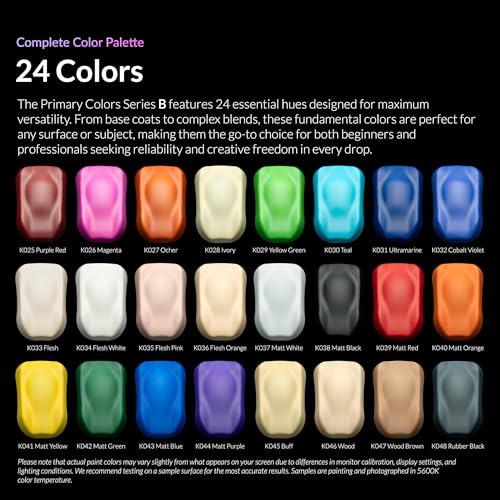 Gaahleri Kaleido Water-Based Airbrush Paint Kit 24 Primary Color Set B | Acrylic Paint, Pre-Thinned, High Gloss, Fast-Drying, with Thinner & Cleaner - color: 24 Primary Colors Set B