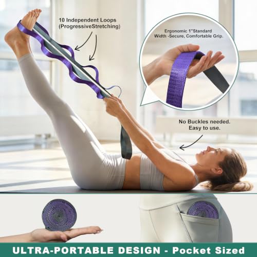 Acozycoo Stretching Strap with Loops for Leg Calf Back Physical Therapy | Non-Elastic Yoga Strap for Stretching,Stretch Band,Leg Lifter,Rehab,Knee,Hip,Pilates,Flexibility Training,Hamstring,Fascia - color: Purple