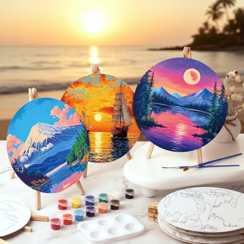 Supervitae 72 Piece Scenery Round Pre Drawn Canvas Kit 8" Paint and Sip Kit for Adults Painting Party Pre Printed Canvas DIY with Pictures Paints Easels Brushes for Party Gifts - size: 8", style: Scenery