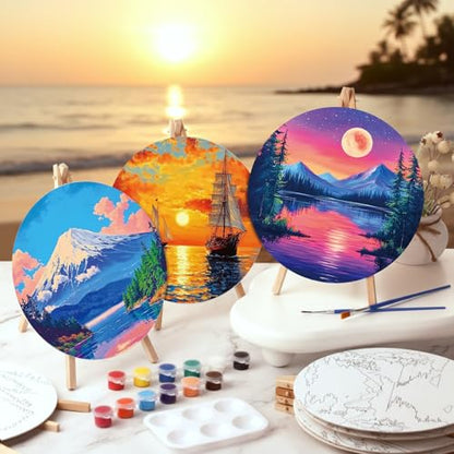 Supervitae 72 Piece Scenery Round Pre Drawn Canvas Kit 8" Paint and Sip Kit for Adults Painting Party Pre Printed Canvas DIY with Pictures Paints Easels Brushes for Party Gifts - size: 8", style: Scenery