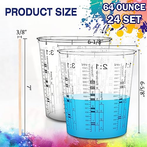 24 Pcs 64 oz 1800 ml Paint Measuring Cups Mixing Cups with Graduated and 20 Pcs Paint Mixing Sticks Plastic Disposable Resin Automotive Epoxy Mixing Cup for Paint Kitchen Cooking Baking