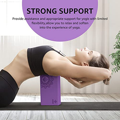 Overmont Yoga Block 2 Pack Supportive Latex-Free EVA Foam Soft Non-Slip Surface for General Fitness Pilates Stretching and Meditation 9"x6"x3" Yoga Strap Included - color: Purple