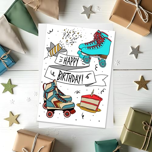 Roller Skate and Cake Birthday Card | Fun and Colorful Happy Birthday Card | Colorful Roller Skating Card - style: Skate