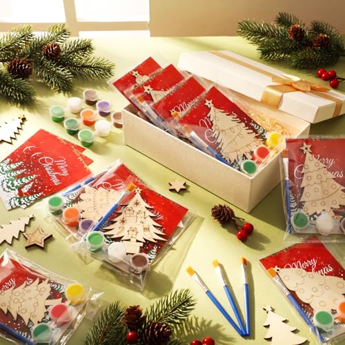 Saypacck 24 Pcs Christmas Tree Party Favors Wooden Paint Craft Kits | Includes Brushes Paints, Christmas Tree Designs, Organza Bags for Goodie Bag Fillers, Christmas Stocking Stuffer Gifts - style: Christmas Tree