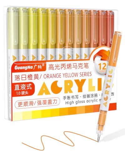 Guangna Acrylic Gel Pens 12 Color, Colored Pens for Journaling, Coloring Books, Calligraphy, Note Taking & DIY Crafts, RollerBall Pen Tip (Orange Yellow) - color: Orange Yellow