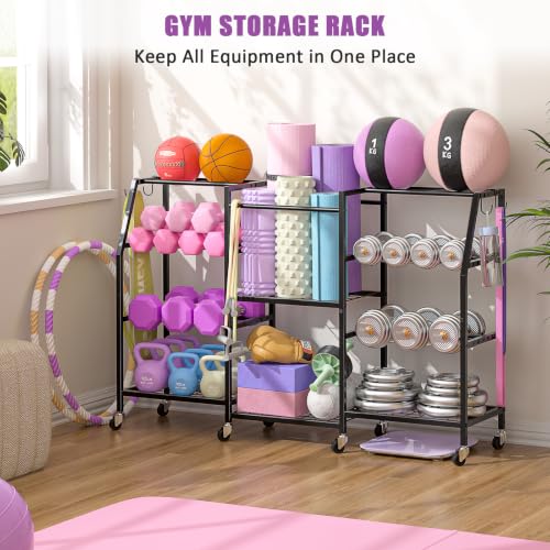 Dumbbell Rack, Weight Rack for Home Gym, Yoga Mat Storage Rack, Exercise Equipment Storage with Wheels and Hooks, Home Gym Equipment Organizer for Kettlebells - size: Large