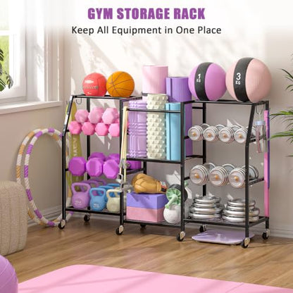 Dumbbell Rack, Weight Rack for Home Gym, Yoga Mat Storage Rack, Exercise Equipment Storage with Wheels and Hooks, Home Gym Equipment Organizer for Kettlebells - size: Large