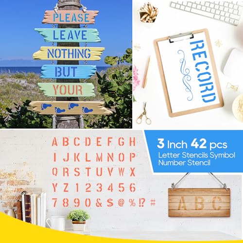 UCEC 42 Pcs 3 Inch Letter Stencils, Alphabet&Number Templates for Wall Art | Reusable Craft Stencils With Calligraphy-Style Font, Works On Fabric, Rock, Wood, For Diy Art, Sign Making - size: 3 inch/42 pcs