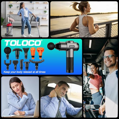TOLOCO Massage Gun, Deep Tissue Back Massage for Athletes for Pain Relief, Percussion Massager with 10 Massages Heads & Silent Brushless Motor, Fathers Day Dad Gifts, Grey - color: Grey