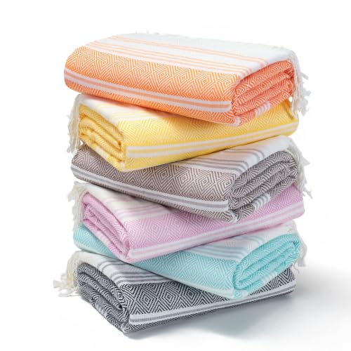 Genovega 6 Packs Oversized Turkish Beach Bath Towel Set Bulk 74"x38" Extra Large Sand Free Swim Quick Dry Camping Pool Towels Travel Clearance Blanket Adult Essentials - color: Green Orange Yellow Brown Purple Black Mixed