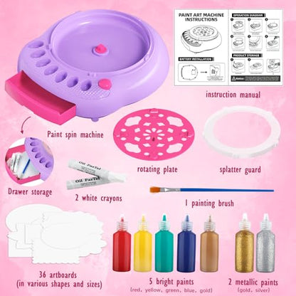 Spin Art Machine for Kids, Paint Spinner Arts & Crafts Gift Kit, Ages 4-12 | Includes machine, 36 artboards, 7 washable paints & splatter guard. Easy-clean, screen-free STEAM gift for girls & boys - color: Purple
