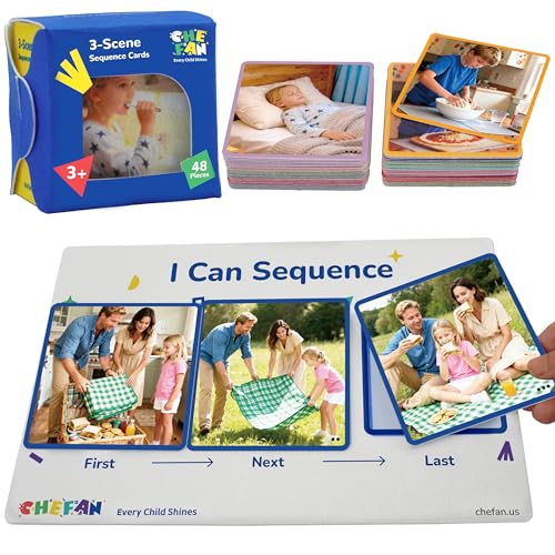CHEFAN Sequencing Cards for Kids, Speech Therapy Sequence Game with Board, Preschool Kindergarten Storytelling Sentence Building Learning Activities (3 Steps) - size: 3-Step Board