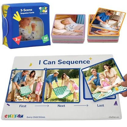 CHEFAN Sequencing Cards for Kids, Speech Therapy Sequence Game with Board, Preschool Kindergarten Storytelling Sentence Building Learning Activities (3 Steps) - size: 3-Step Board