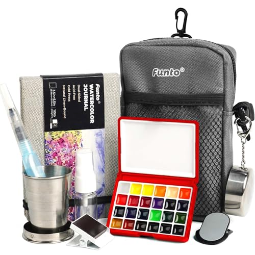 Funto Mini Watercolor Paint Set, All-in-One 24-Color Travel Paint Kit, with Crossbody Bag, Watercolor Journal, Paint Water Cup, Pocket Set for Artists - color: 24-Color Red Set, style: Sporty Box