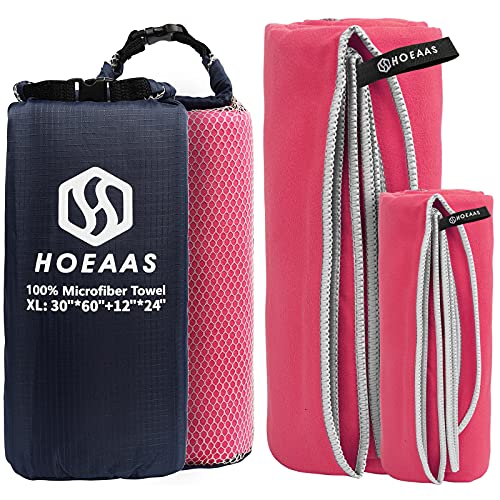 HOEAAS 2 Pack Microfiber Camping Towels, Quick Dry Towel, Super Absorbent Ultra Compact Travel Towel Soft Lightweight Sports Towel for Sweat Fast Drying Towels for Pool,Gym,Hiking,Backpacking,Fitness - color: Hot Pink, size: XL: 60" x 30"+24" x 12"