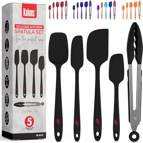 Kaluns Silicone Spatula Set, 4 Rubber Spatulas 600°F Heat Resistant, Nonstick Seamless Design with Stainless Steel Core, Dishwasher Safe, BPA free, Bonus Tongs Included - color: 4 Pcs + Tongs Black