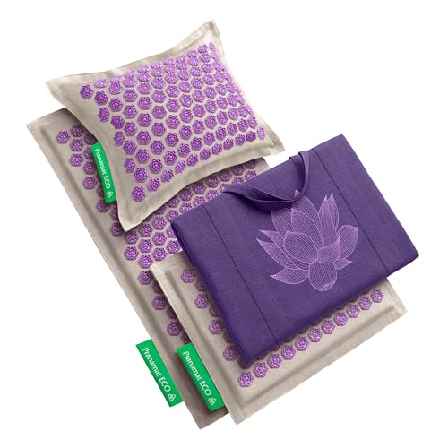 Pranamat Acupressure Large & Small Mat with Pillow and Bag Set, Premium Acupressure Therapy for Pain Relief and Relaxation, Handcrafted in Europe with Sustainable and Natural Materials (Amethyst) - color: Amethyst