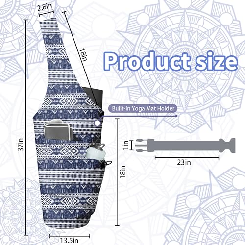 Yoga Bag for Women, Large Yoga Mat Bag Tote Carrier with Wet Dry Pocket | Water Bottle Holder & Adjustable Strap, Fits 1/2" Thick Yoga Mat for Gym, Pilates, Travel, Work - color: Blue Boho Elephant