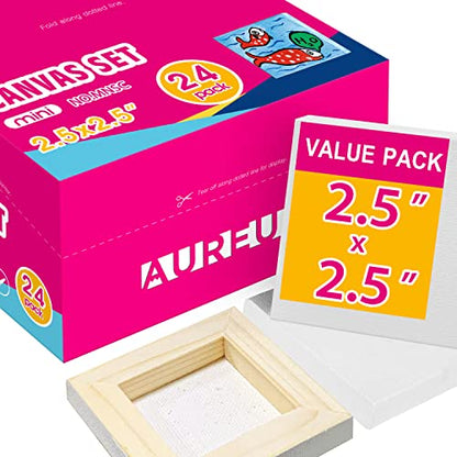 AUREUO Mini Stretched Canvas - 2.5x2.5 Inch / 24 Pack - 2/5 Inch Profile Small Square Canvas - Gift Set Bulk Pack Canvases for Acrylic Painting & Craft - size: 2.5"x2.5"