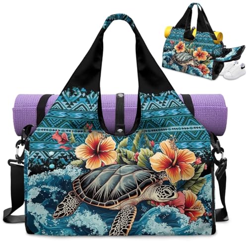 Gym Bag with Yoga Mat Holder Large Tote Bag With Multi Pockets for Women Men Dry Wet Separated Pocket Carryall Yoga Tote Bag for Pilates Travel Workout Office - color: Sea Turtle& flower