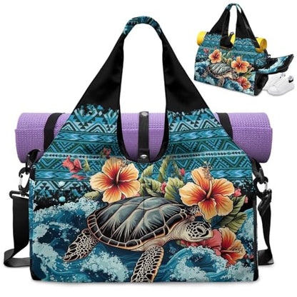 Gym Bag with Yoga Mat Holder Large Tote Bag With Multi Pockets for Women Men Dry Wet Separated Pocket Carryall Yoga Tote Bag for Pilates Travel Workout Office - color: Sea Turtle& flower