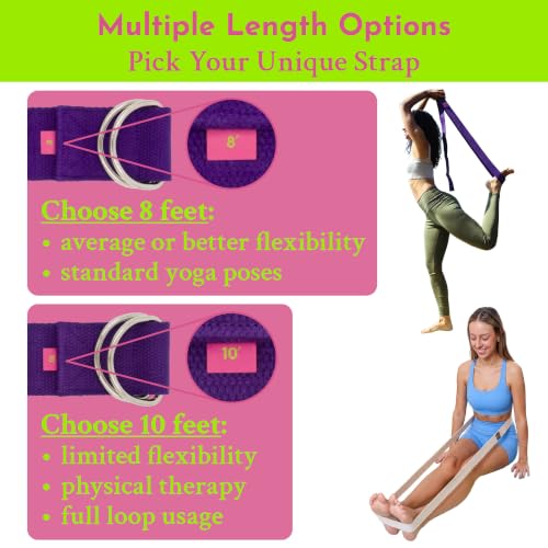 Extra-Wide 2 Inch Cotton Yoga Strap: Stretching, Physical Therapy, Exercise | Slip-free steel D-rings; adjustable; non-slip; 8 & 10 ft lengths; storage bag + e-book; hamstring & legs; flexibility & rehab - color: Purple, size: 8 feet
