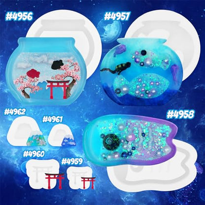 Resin Shaker Silicone Molds and Seal Films Casting Set Pack of 12 Enchanted Japanese Jewelry Charm Koinobori Mt Fuji Goldfish Bowl - color: Fish Tank, Torii, Mt Fuji, Carp Streamer Craft Pack of 12