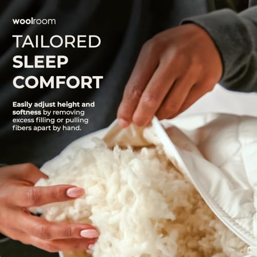 WOOLROOM Organic V-Shaped Washable Wool Pillow - 100% Natural Traceable Washable Organic Wool Organic Cotton 300 Thread Adjustable Bed Pillow - Feather Down Alternative Bedding